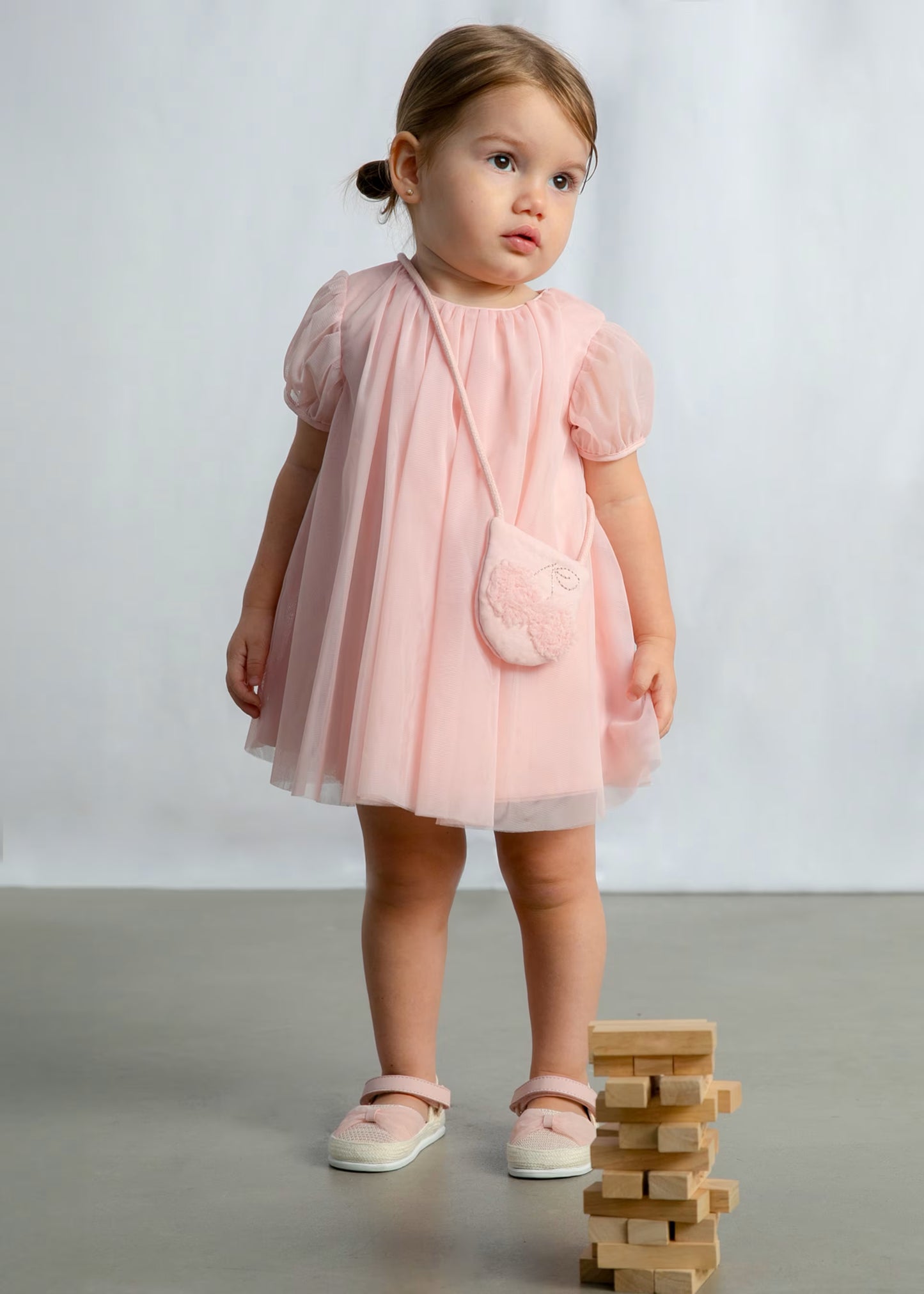 Vestido tul rosa peonia con bolsa bebé niña