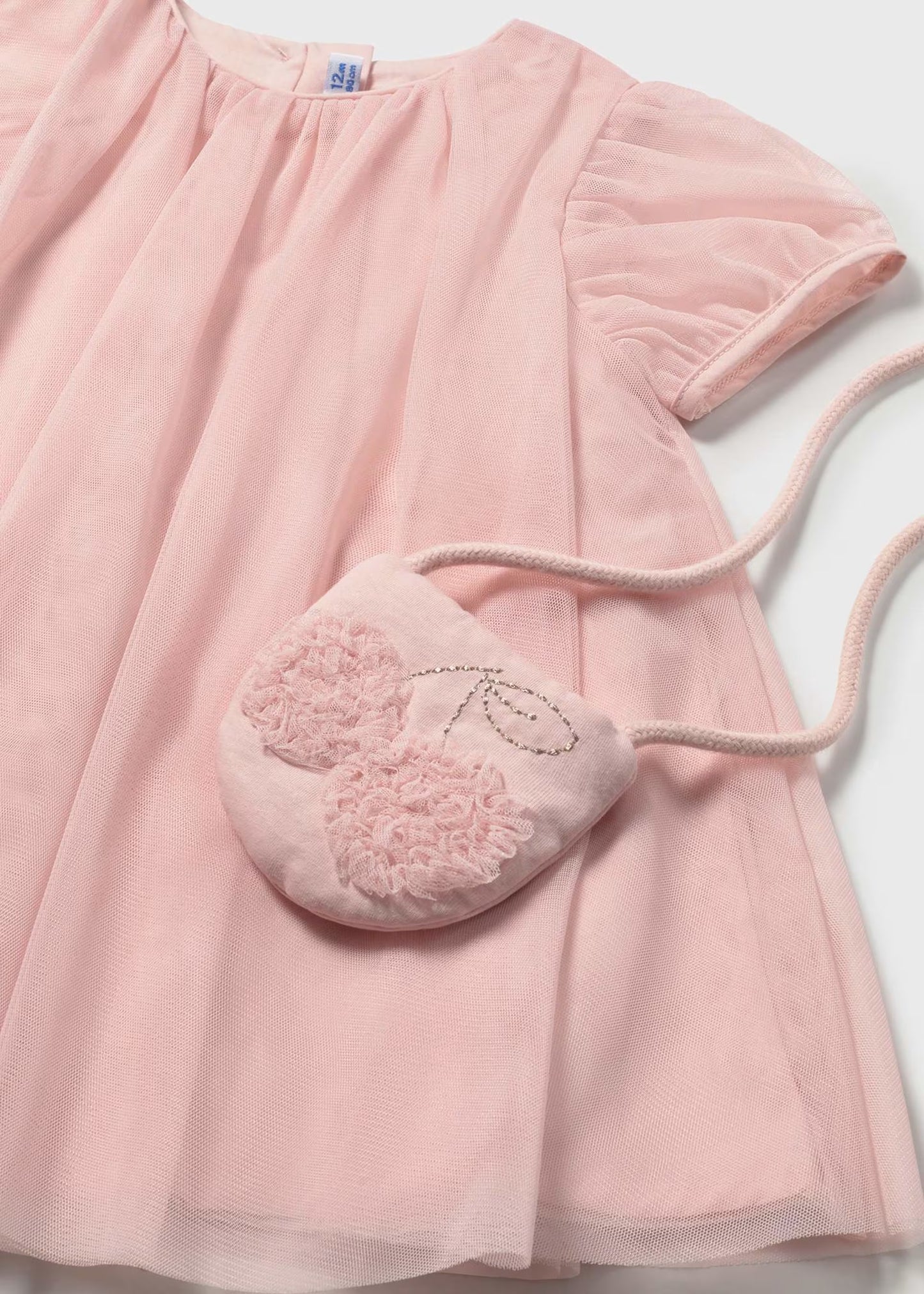 Vestido tul rosa peonia con bolsa bebé niña