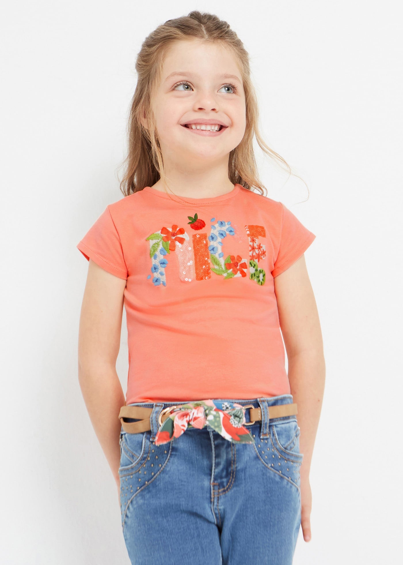 Playera manga corta con motivo bordado de algodón para mini niña