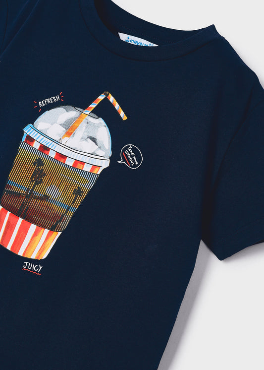 Playera azul marino con motivo interactivo de algodón sostenible para mini niño