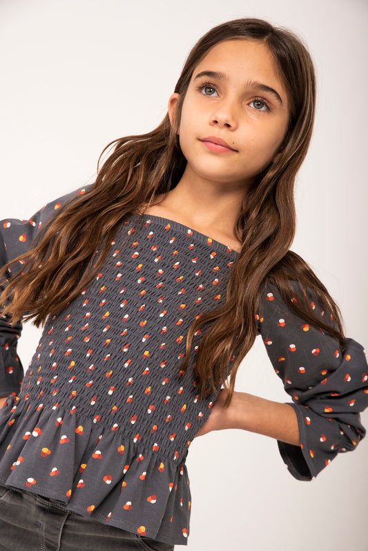 Blusón stretch gris estampado niña jr