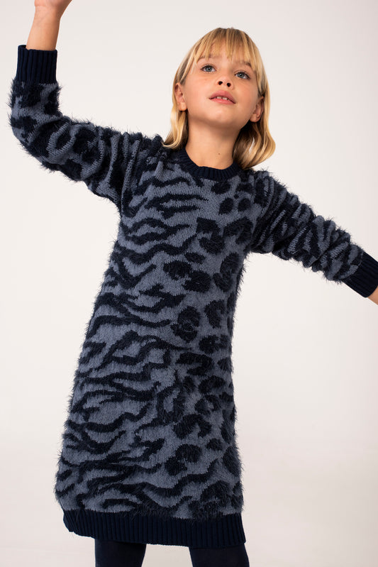 Vestido tricotosa azul marino animal print niña jr