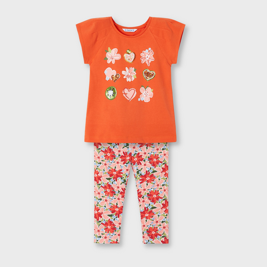 Conjunto naranja blusa con leggings estampado de algodón para mini niña
