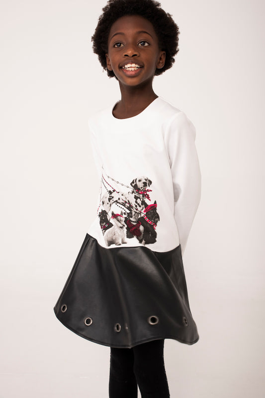 Vestido blanco estampado combinado con polipiel niña jr