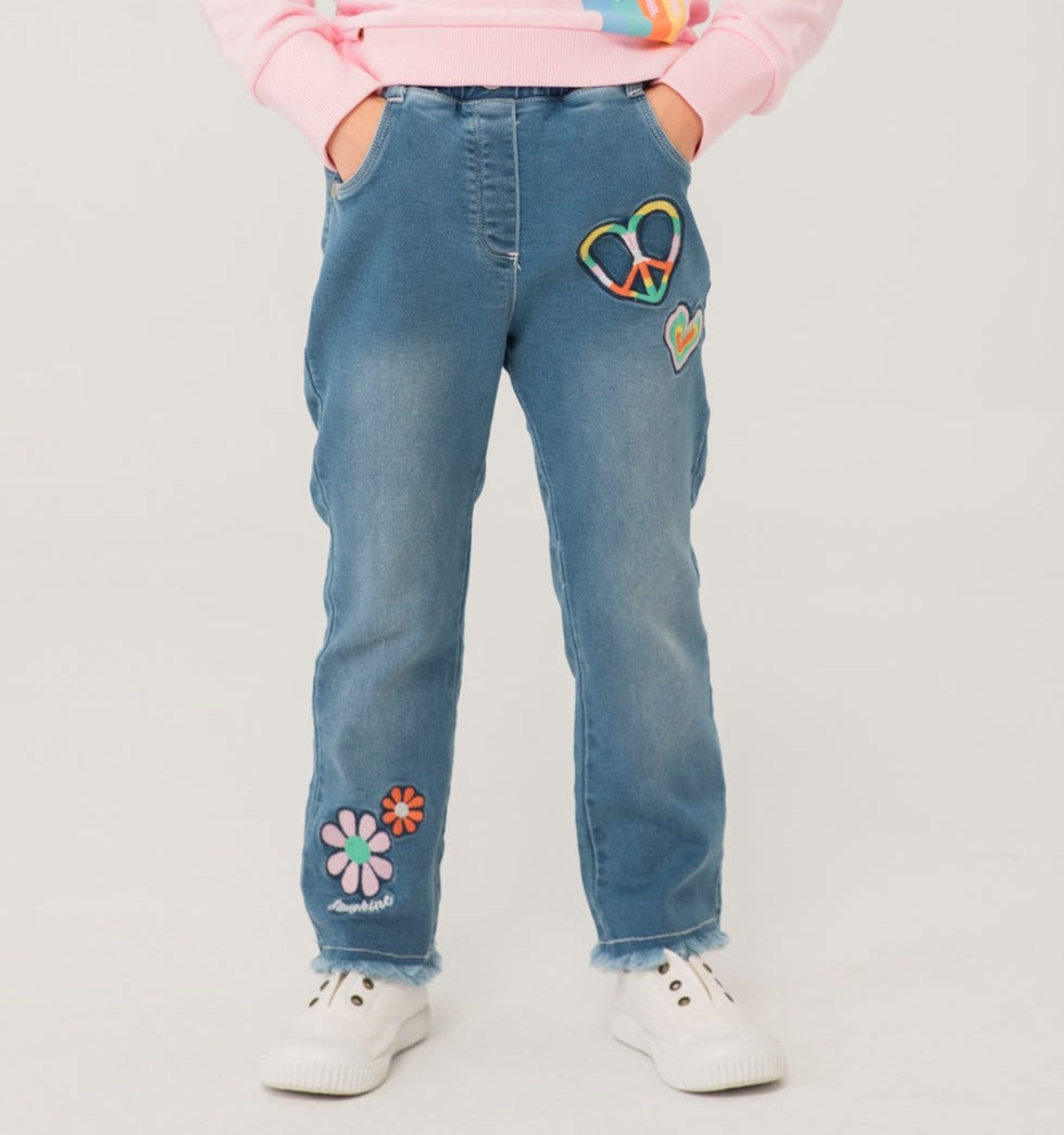 Pantalón mezclilla flores mini niña