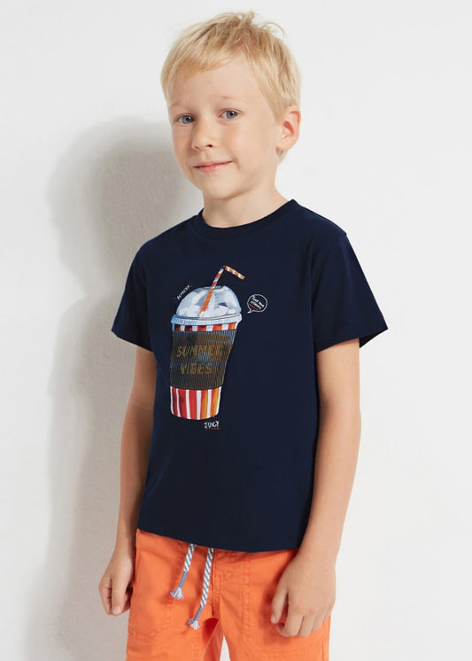 Playera azul marino con motivo interactivo de algodón sostenible para mini niño