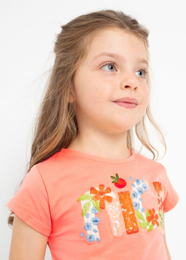 Playera manga corta con motivo bordado de algodón para mini niña